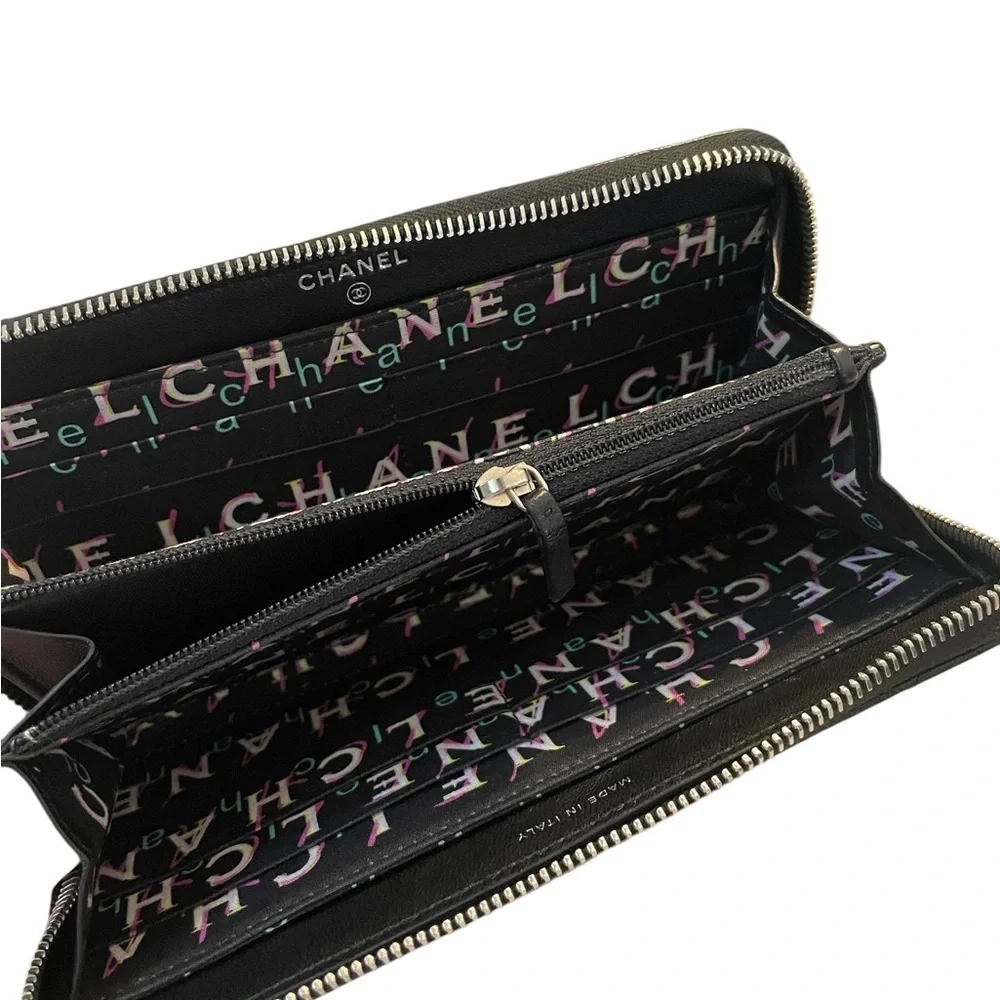 CHANEL Black Quilted Zip Wallet with CC Logo